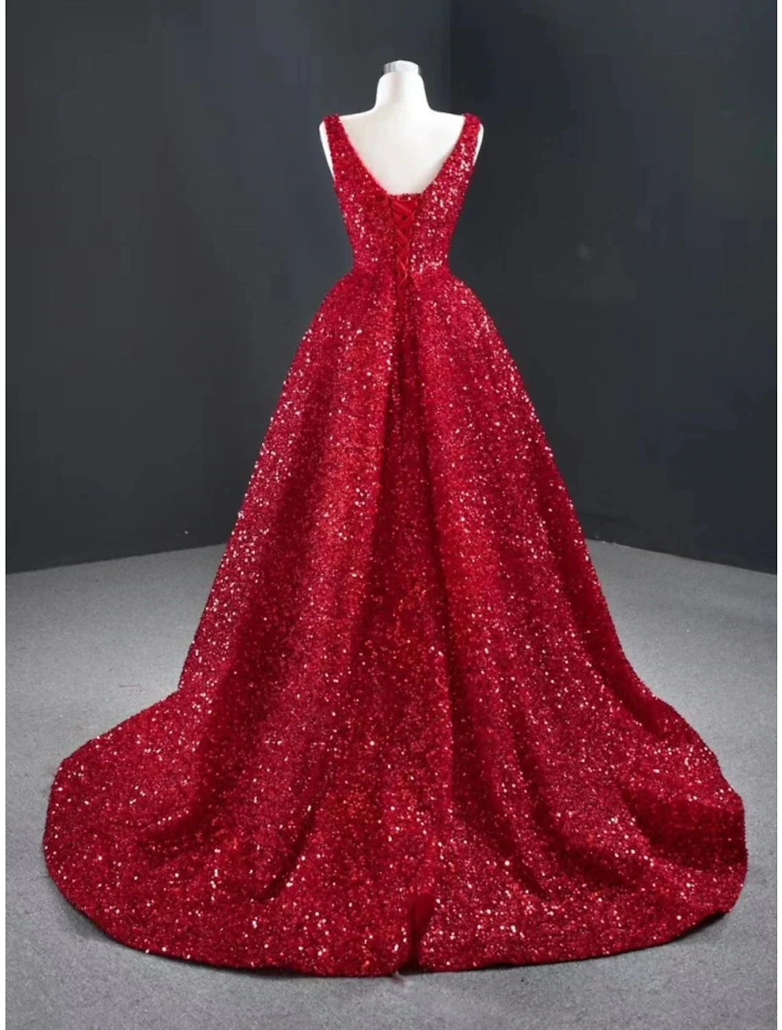 Luolandi A-Line Evening Gown Party Dress Formal Sweep / Brush Train Christmas Red Green Dress Sleeveless V Neck Sequined with Glitter